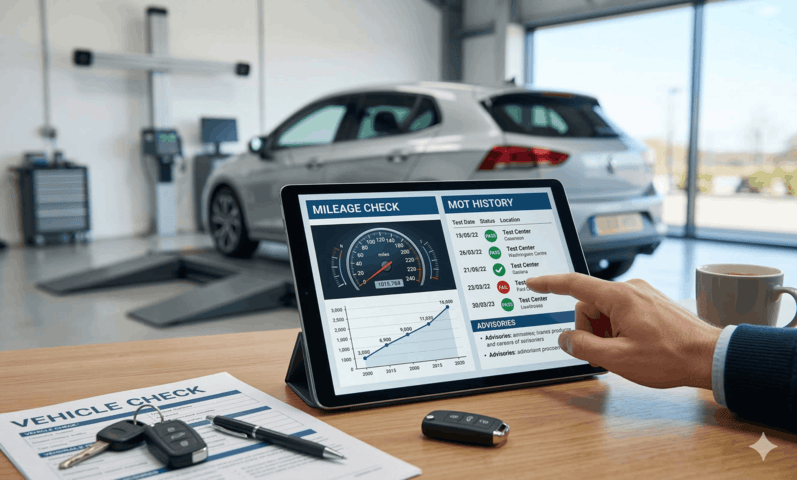 MOT history timeline and mileage check for spotting odometer inconsistencies