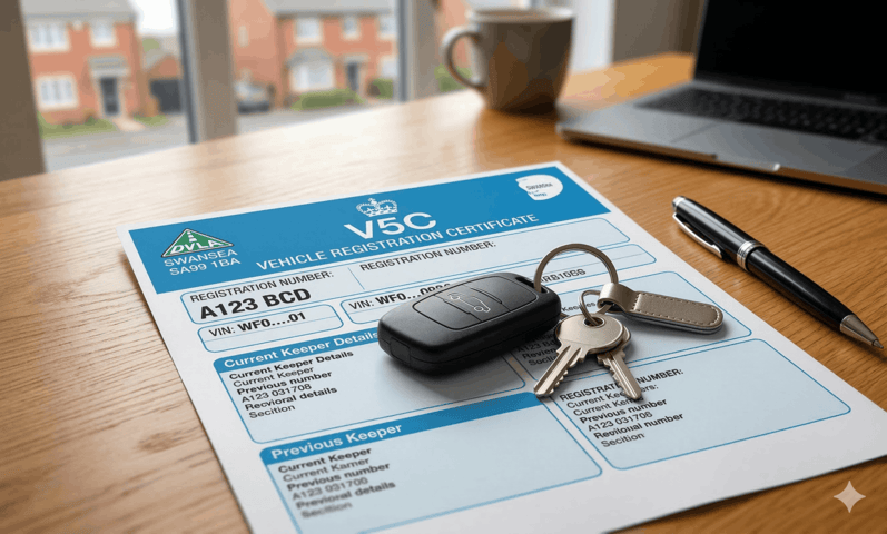 V5C logbook checklist highlighting VIN, VRM and keeper details to verify before buying a used car