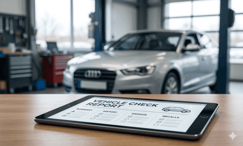 Vehicle check report showing key data points for a used car purchase in the UK